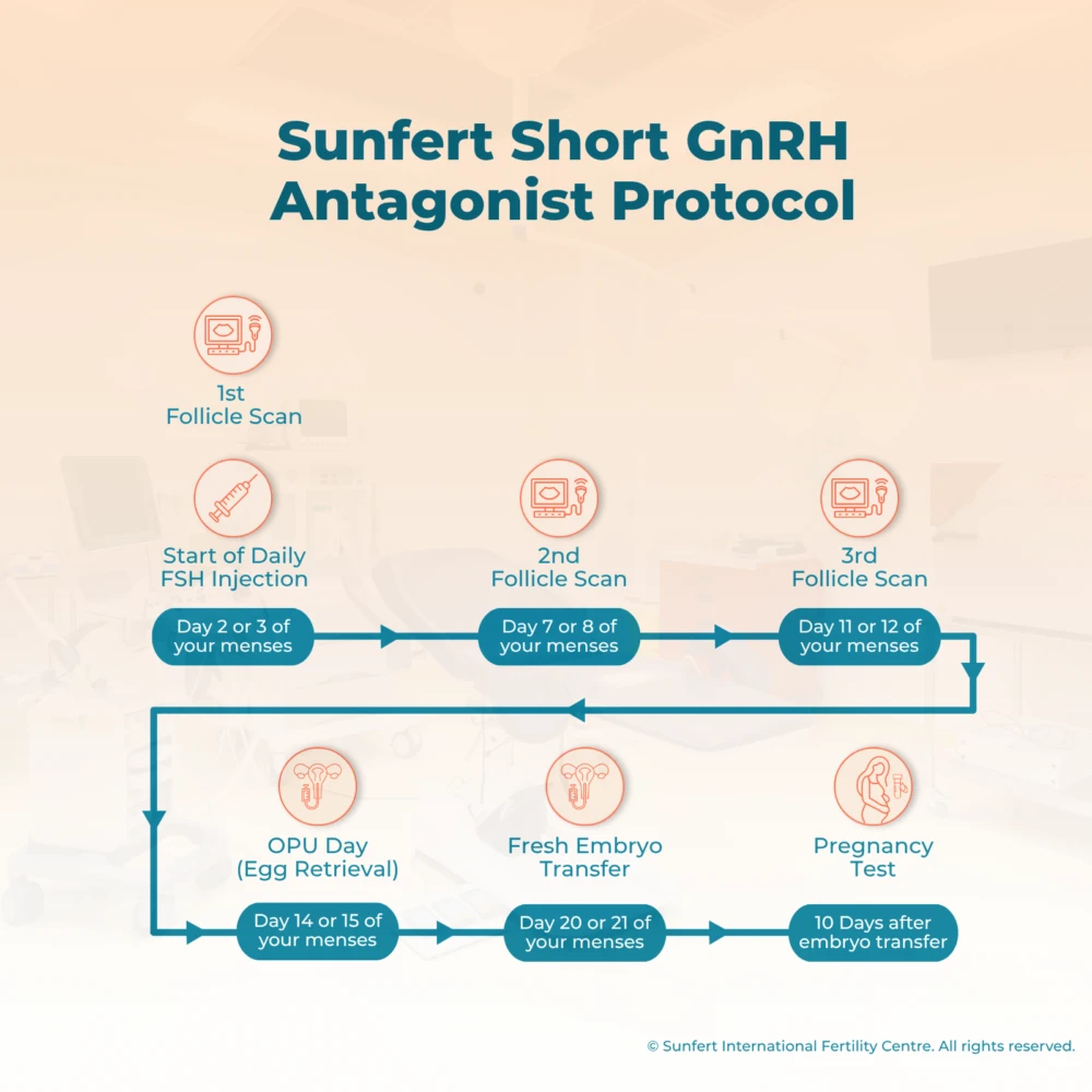 Overview of IVF short GnRH antagonist protocol for ovarian stimulation