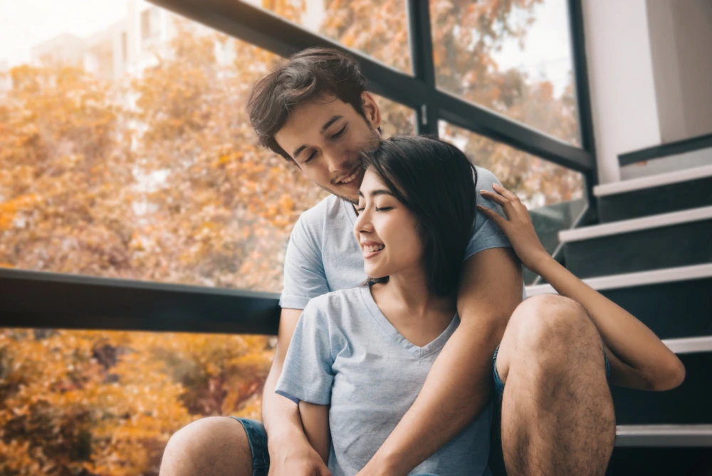 Sweet young couple romantic moments